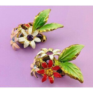 Vintage 60s Flower earrings, Austria painted enamel gold tone, clip on
